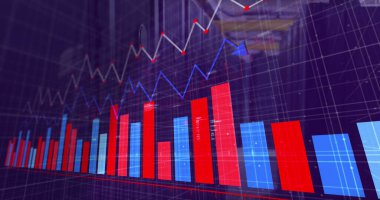 Endüstriyel deponun arka planında çizgi ve çizgi resmi var. Veri, analitik, sanayi, ekonomi, bilgi, istatistik