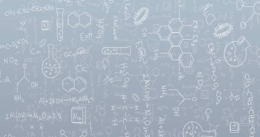 Gri arkaplan üzerinde bilim simgeleri ve matematiksel denklemlerin resmi. Veri, matematik, bilim, eğitim, araştırma, bağlantı, işleme ve iletişim, dijital olarak oluşturulmuş görüntü.