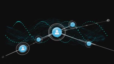 Siyah arkaplan üzerinde bağlantılar ve veri işleme animasyonu ağı. Teknoloji, dijital, geleceksel, bilgi