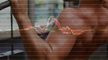 Spor salonunda ağırlık kaldıran kaslı biri için finansal veri tablosu animasyonu. Finans, iş, fitness, vücut geliştirme, güç, teknoloji