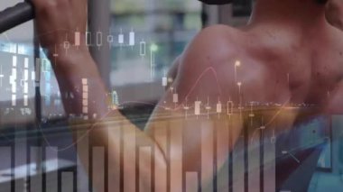 Spor salonunda egzersiz yapan birinin finansal veri tabloları ve grafikleri. Finans, analitik, fitness, egzersiz, istatistik, egzersiz