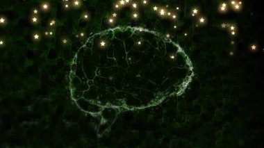 Koyu yeşil arka planda parlayan yıldızlar ve nöral ağ animasyonu. Teknoloji, fütüristik, yapay zeka, dijital, sanal, yenilik