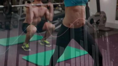 Spor salonunda egzersiz yapan insanlar için spor verileri ve performans ölçümleri animasyonu. egzersiz, egzersiz, teknoloji, sağlık