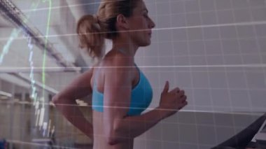 Spor salonunda koşu bandında koşan bir kadının finansal grafik animasyonu. Fitness, teknoloji, finans, egzersiz, veri, sağlık