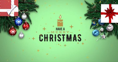 Mücevherlerle dolu mutlu noel mesajının resmi. Noel, kutlama ve dijital arayüz kavramı dijital olarak oluşturulmuş görüntü.