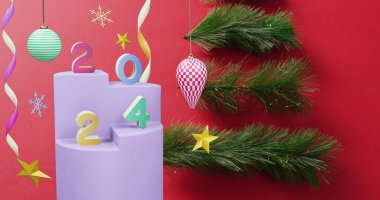 Arka planda 2024 metin ve noel süslemeleri var. Yeni yıl, Noel, şenlik, kutlama ve gelenek konsepti dijital olarak oluşturuldu.