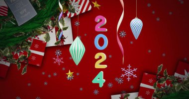 Arka planda 2024 metin ve noel süslemeleri var. Yeni yıl, Noel, şenlik, kutlama ve gelenek konsepti dijital olarak oluşturuldu.