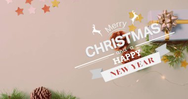 Image of christmas greetings text over christmas presents and decorations. Christmas, festivity, celebration and tradition concept digitally generated image. clipart