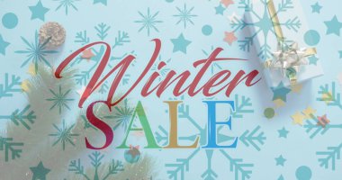 Yılbaşı hediyelerinde satılan kış metninin resmi. Noel, kutlama ve dijital arayüz kavramı dijital olarak oluşturulmuş görüntü.