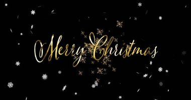 Siyah arka planda kar taneleri üzerine Mutlu Noeller mesajı. Noel, gelenek ve kutlama konsepti dijital olarak oluşturulmuş imaj.