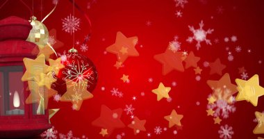 Image of falling golden stars and christmas lantern over red background. Christmas, tradition and celebration concept digital generated image. clipart