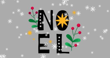 Noel metninin üzerine düşen kar tanelerinin dijital görüntüsü gri arkaplana karşı. Noel şenliği ve kutlama konsepti