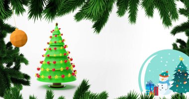 Beyaz arka planda Noel ağacı üzerine Noel süslemeleri yapılmış köknar ağacı resmi. Noel, gelenek ve kutlama konsepti dijital olarak oluşturulmuş imaj.