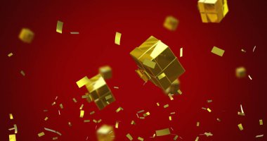 Kırmızı arka planda noel hediyeleri ve konfetilerin düşüşü. Noel, şenlik, kutlama ve gelenek konsepti dijital olarak oluşturuldu.