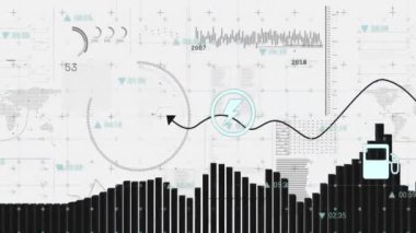 Beyaz arka planda dünya çapında diyagramla finansal veri işleme simgelerinin canlandırılması. Dijital olarak oluşturulan küresel finansman, bilgisayar ve dijital arayüz kavramı.