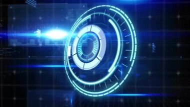 Mavi zemin üzerinde veri işleme ile ışık noktaları ve patikalar üzerinde tarama kapsamı animasyonu. teknoloji ve dijital arayüz kavramı dijital olarak oluşturulmuş video.