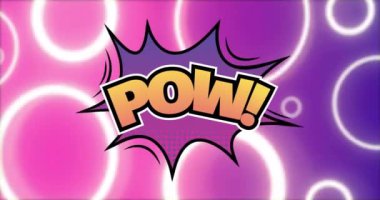 Mor zemin üzerinde yüzen neon halkalar üzerine komik şekiller üzerine renkli pow metninin animasyonu. komik ve dijital arayüz konsepti dijital olarak oluşturulmuş video.