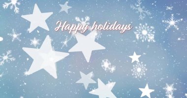 Image of happy holidays text over christmas stars falling on blue background. Christmas, festivity, celebration and tradition concept digitally generated image. clipart