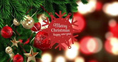 Noel ağacı ve süslemelerle dolu bir mesajın resmi. Noel, şenlik, gelenek ve dijital olarak üretilen görüntü konsepti.