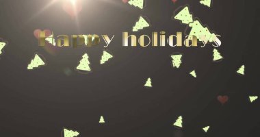 Image of happy holidays text over christmas trees falling. Christmas, festivity, celebration and tradition concept digitally generated image. clipart