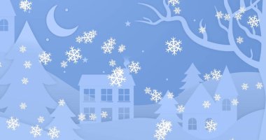 Kış manzarasına düşen kar tanesi simgelerinin resmi. Mavi arkaplanda kopya alanı var. Noel şenliği ve kutlama konsepti