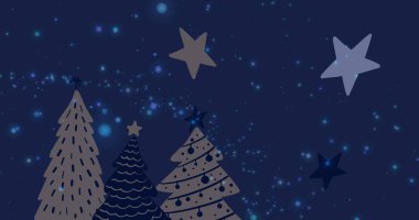 Kış manzarasında Noel ağaçlarının ve yıldızların üzerine yağan kar görüntüsü. Noel, gelenek ve kutlama konsepti dijital olarak oluşturuldu.