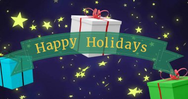 Mutlu bayram mesajları ve mavi arkaplana düşen Noel hediyelerinin resmi. Noel, şenlik, kutlama ve gelenek konsepti dijital olarak oluşturuldu.
