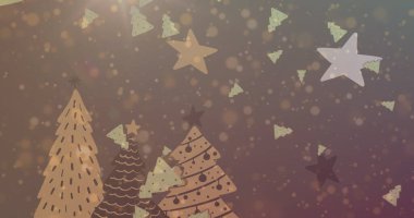 Image of snow falling over christmas trees and stars in winter scenery. christmas, tradition and celebration concept digitally generated image. clipart