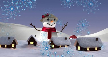 Image of blue snowflakes icons over snowman and houses icon against winter landscape. Christmas festivity and celebration concept clipart