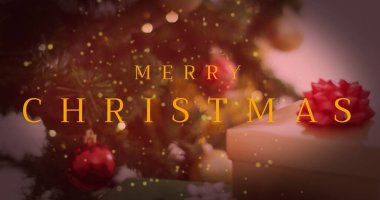 This image features a decorated christmas tree with presents on a white background the image includes a festive vector illustration and art concept the image features warm glowing yellow spots floating on a black background the text banner reads 