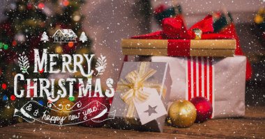 Noel tebrikleri, kar yağışı ve dekorasyonla ilgili mesajlar. Noel, şenlik, gelenek ve dijital olarak üretilen görüntü konsepti.