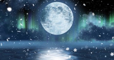 Image of full moon, snow falling and aurora borealis in christmas winter scenery background. Christmas, tradition and celebration concept digitally generated image. clipart