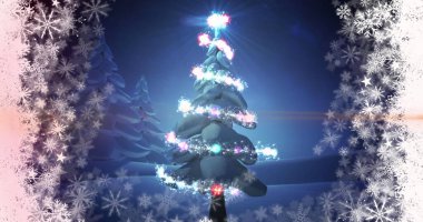 Image of shooting star over christmas tree in winter scenery. Christmas, festivity, celebration and tradition concept digitally generated image. clipart