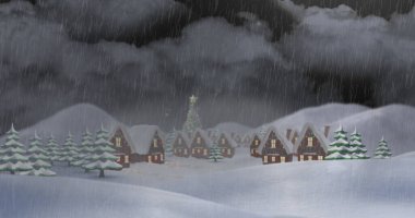 Noel kış manzarasına yağan kar görüntüsü. Noel, şenlik, kutlama ve gelenek konsepti dijital olarak oluşturuldu.