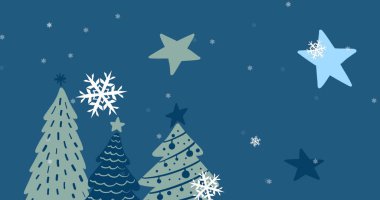 Yılbaşı ağaçlarının üzerine yağan kar ve mavi arka plandaki yıldızlar. Noel, gelenek ve kutlama konsepti dijital olarak oluşturulmuş imaj.