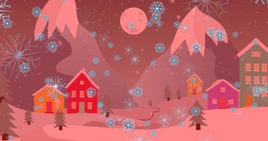 Noel süslemeleri ve desenleri üzerine yağan kar görüntüsü. Noel, şenlik, kutlama ve gelenek konsepti dijital olarak oluşturuldu.