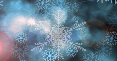 Image of hexagons pattern, looping snowflakes and lens flare over abstract background. Digitally generated, hologram, christmas festivity, tradition and winter holiday concept. clipart