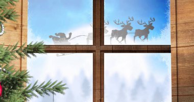 Image of santa claus in sleigh with reindeer seen through window and christmas tree. christmas, tradition and celebration concept digitally generated image. clipart