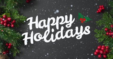 Mevsim kutlamalarının resmi. Kar yağışı ve Noel süslemeleri üzerine. Noel, şenlik, kutlama ve gelenek konsepti dijital olarak oluşturuldu.