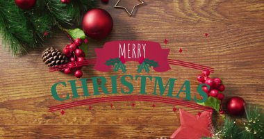 Yılbaşı süslemelerinin üzerindeki mutlu noel mesajının resmi. Noel, şenlik, kutlama ve gelenek konsepti dijital olarak oluşturuldu.