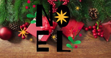 Noel süslemelerinin üzerindeki noel mesajının resmi. Noel, şenlik, kutlama ve gelenek konsepti dijital olarak oluşturuldu.