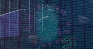 Biyometrik parmak izi üzerinde finansal veri işleme resmi. Küresel finans, iş, bağlantılar, hesaplama ve veri işleme kavramı dijital olarak oluşturuldu.