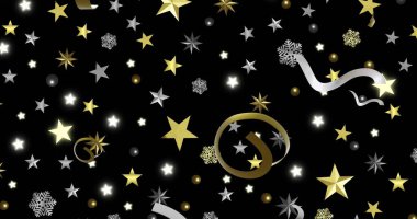 Image of party streamers and stars on black background. New year, new year's eve, party, celebration and tradition concept digitally generated image. clipart