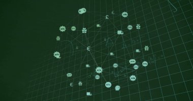 Karatahtadaki matematiksel denklemler üzerinden iş simgeleri ağının resmi. Ağ, veri, matematik, dijital arayüz, finans ve iletişim, dijital olarak oluşturulmuş görüntü.