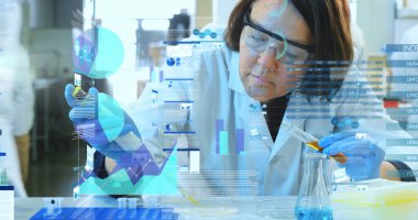 Laboratuvarda çalışan beyaz kadın bilim adamının mali veri işleme görüntüsü. Küresel bilim, finans ve dijital arayüz kavramı dijital olarak oluşturulmuş görüntü.