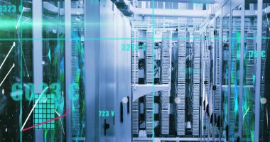 Image of data processing over computer servers. Global connections, computing and data processing concept digitally generated image.