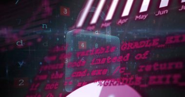 Karanlık arka planda asma kilit üzerinde dijital veri işleme resmi. Dijital olarak oluşturulmuş küresel bağlantılar, hesaplama ve veri işleme kavramı.