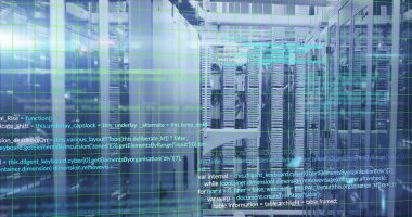 Image of data processing over computer servers. Global connections, computing and data processing concept digitally generated image.