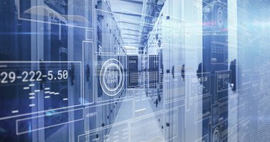 Image of data processing over computer servers. Global connections, computing and data processing concept digitally generated image.