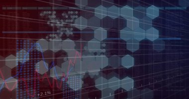 Altıgen ağı üzerinden finansal veri işleme resmi. Küresel finans, iş, bağlantılar, hesaplama ve veri işleme kavramı dijital olarak oluşturuldu.